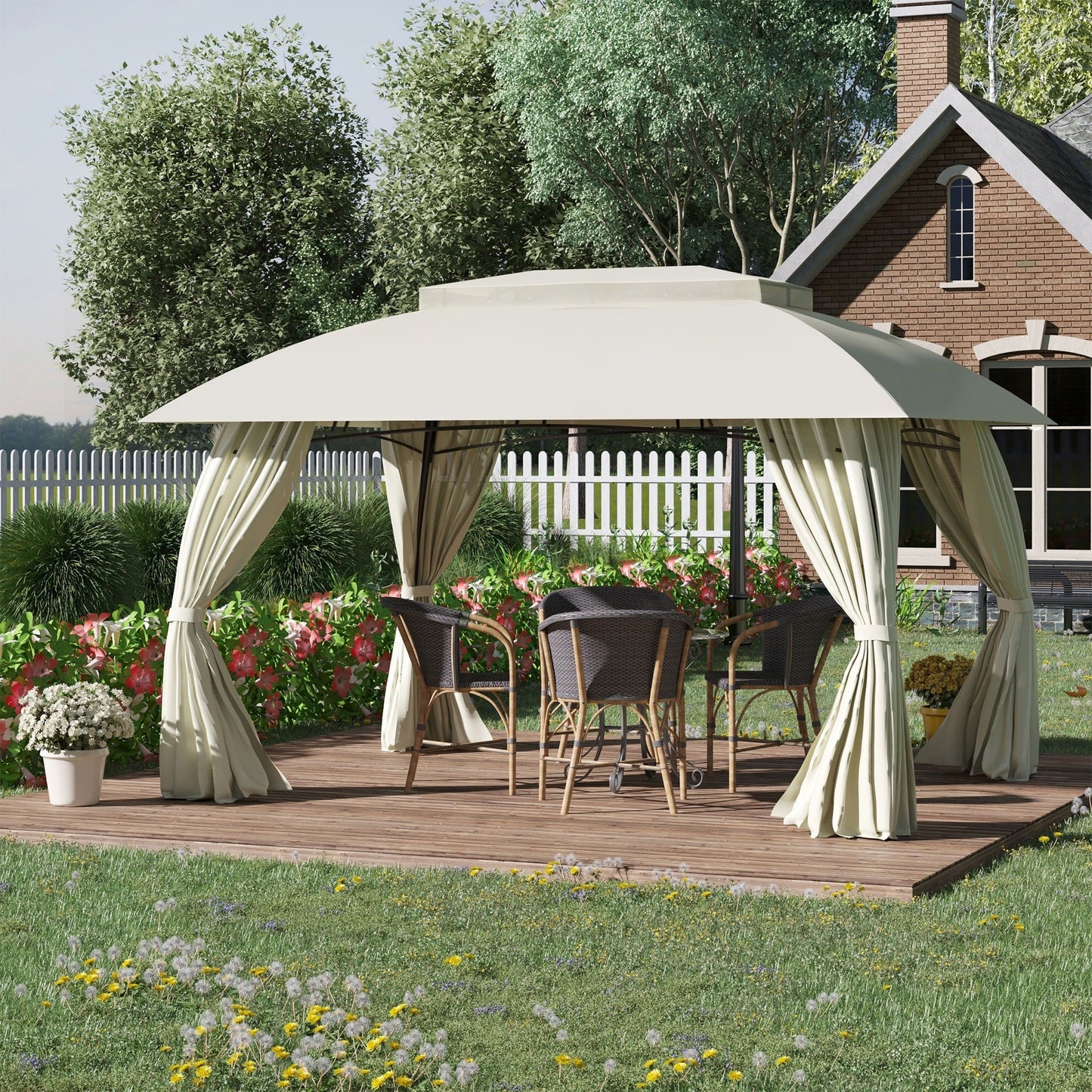 Outsunny Gazebo de Patio 3 x 4 m, Abri Extérieur avec Panneaux Lateraux, Toit Doublement Ventilé, Structure en Acier