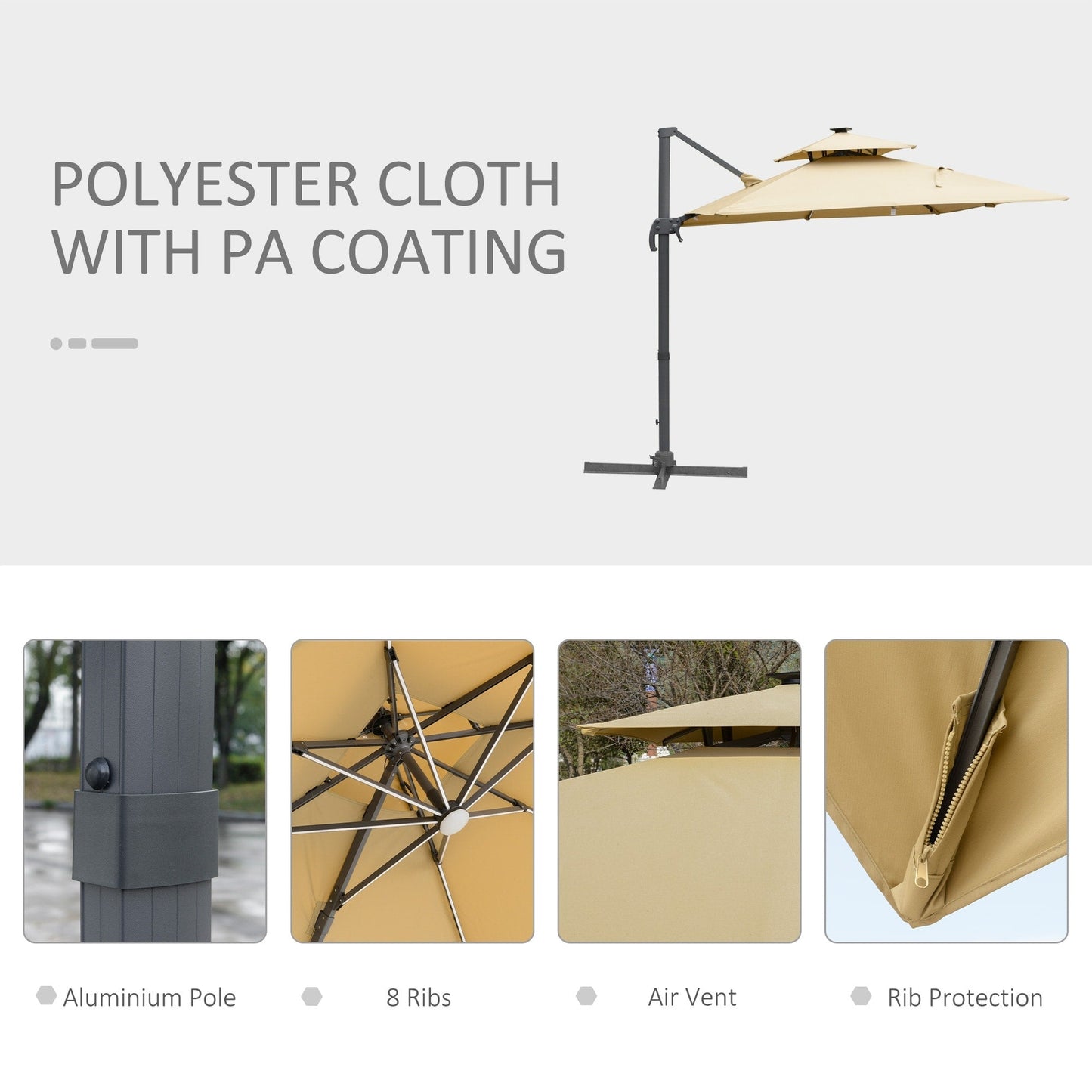 Parasol de jardin Outsunny 10ft à LED solaire, parasol suspendu déporté avec rotation à 360°, base en croix, 8 baleines, inclinable et à manivelle