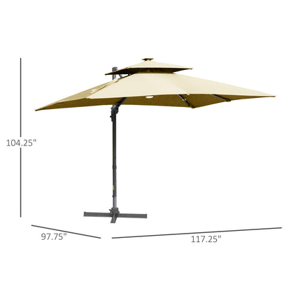 Parasol de jardin Outsunny 10ft à LED solaire, parasol suspendu déporté avec rotation à 360°, base en croix, 8 baleines, inclinable et à manivelle