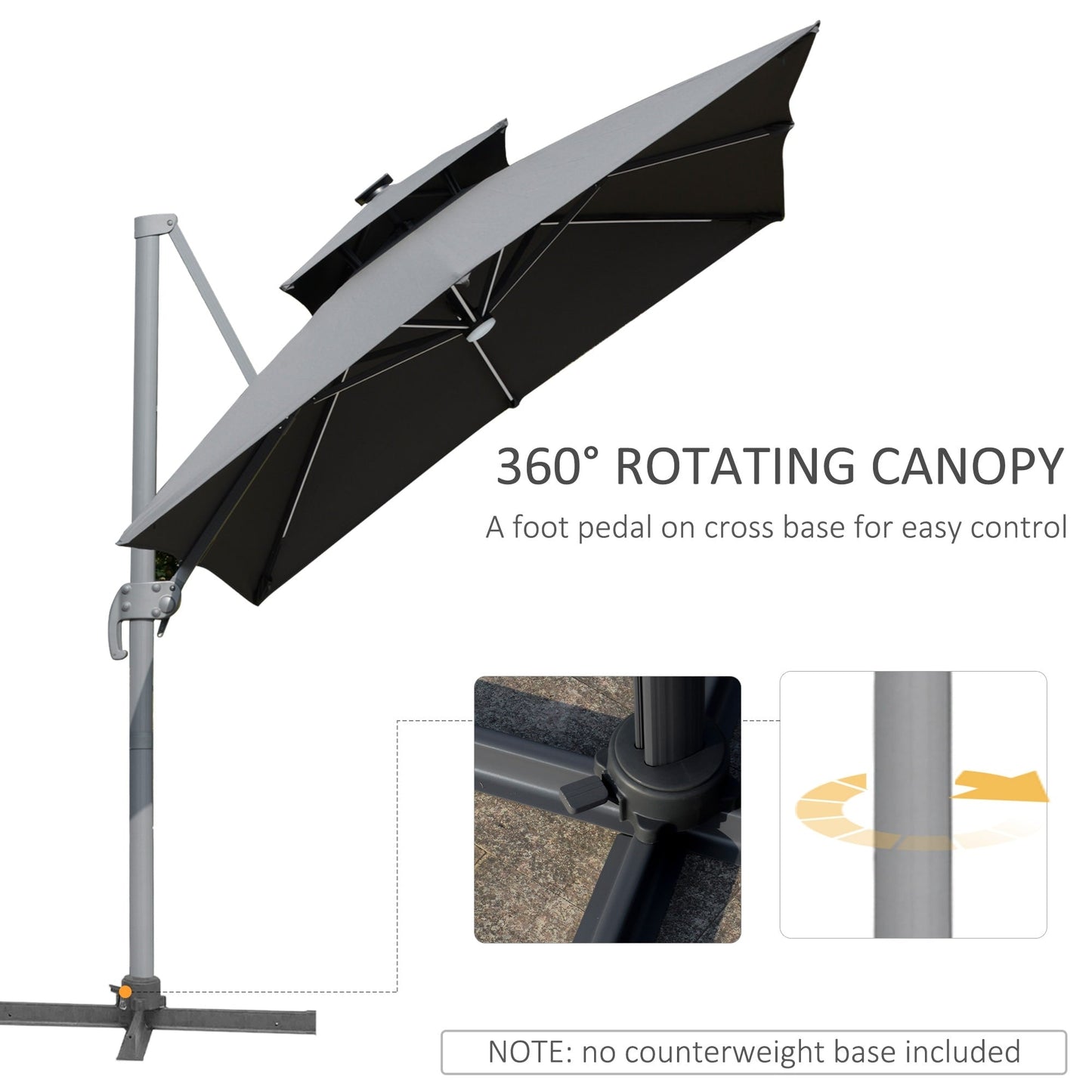 Parasol de jardin Outsunny 10ft à LED solaire, parasol suspendu déporté avec rotation à 360°, base en croix, 8 baleines, inclinable et à manivelle