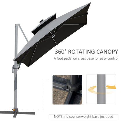 Parasol de jardin Outsunny 10ft à LED solaire, parasol suspendu déporté avec rotation à 360°, base en croix, 8 baleines, inclinable et à manivelle