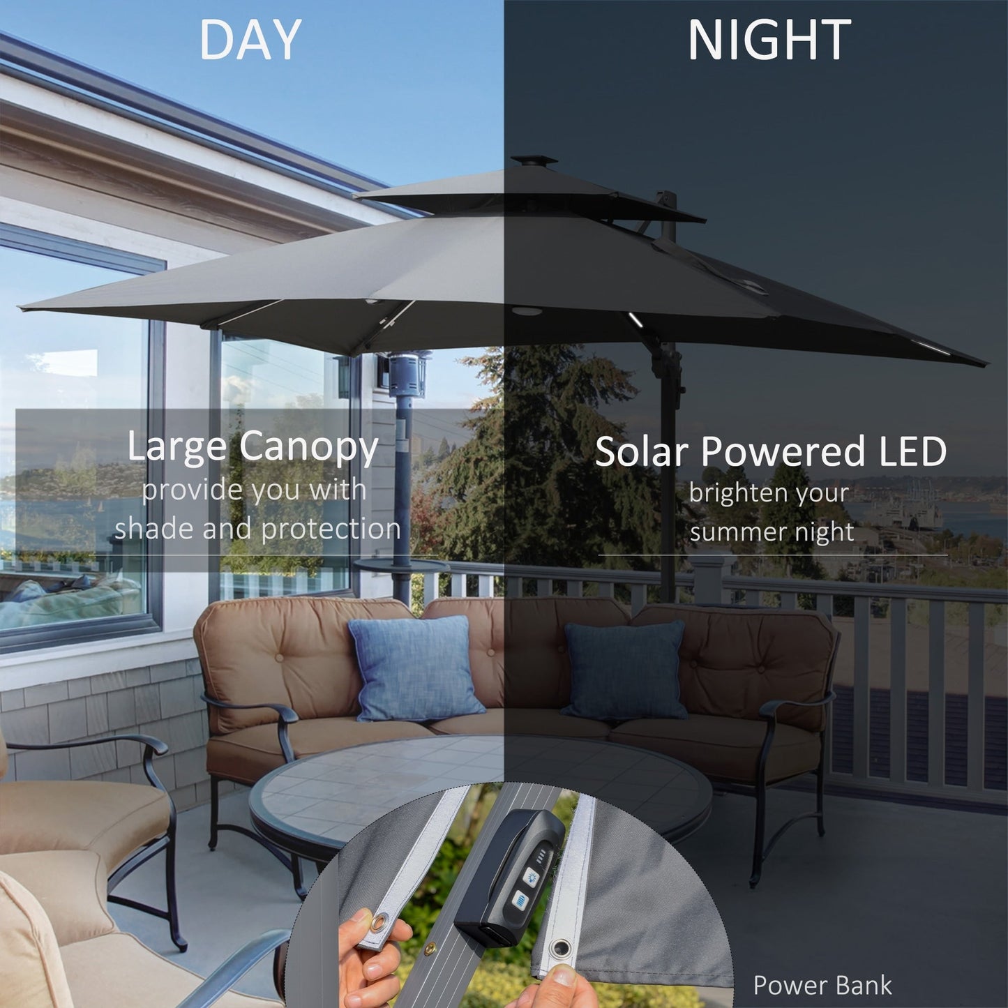 Parasol de jardin Outsunny 10ft à LED solaire, parasol suspendu déporté avec rotation à 360°, base en croix, 8 baleines, inclinable et à manivelle