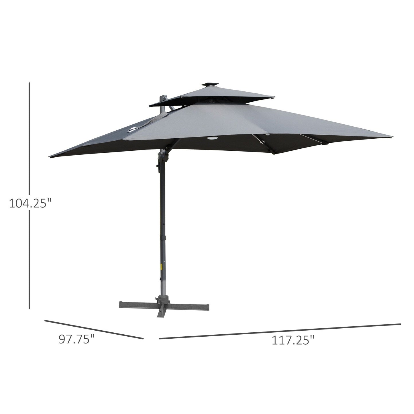 Parasol de jardin Outsunny 10ft à LED solaire, parasol suspendu déporté avec rotation à 360°, base en croix, 8 baleines, inclinable et à manivelle