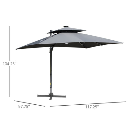 Parasol de jardin Outsunny 10ft à LED solaire, parasol suspendu déporté avec rotation à 360°, base en croix, 8 baleines, inclinable et à manivelle
