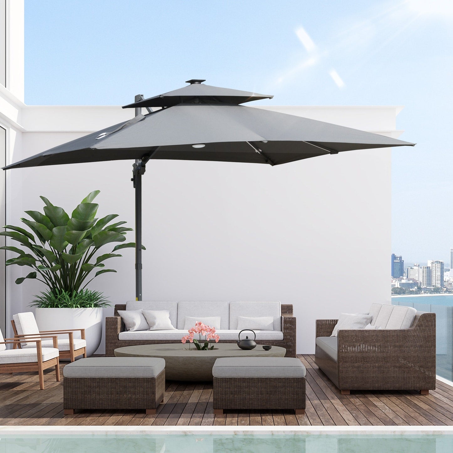 Parasol de jardin Outsunny 10ft à LED solaire, parasol suspendu déporté avec rotation à 360°, base en croix, 8 baleines, inclinable et à manivelle