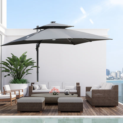 Parasol de jardin Outsunny 10ft à LED solaire, parasol suspendu déporté avec rotation à 360°, base en croix, 8 baleines, inclinable et à manivelle