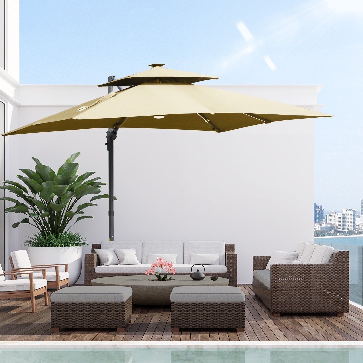 Parasol de jardin Outsunny 10ft à LED solaire, parasol suspendu déporté avec rotation à 360°, base en croix, 8 baleines, inclinable et à manivelle