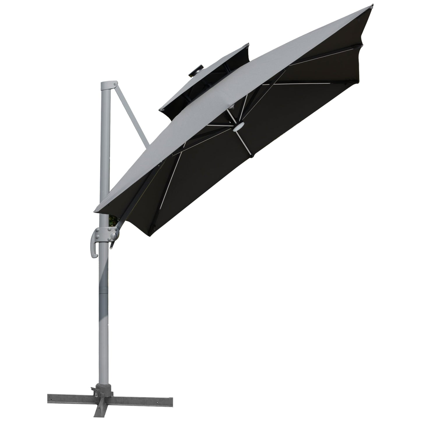 Parasol de jardin Outsunny 10ft à LED solaire, parasol suspendu déporté avec rotation à 360°, base en croix, 8 baleines, inclinable et à manivelle