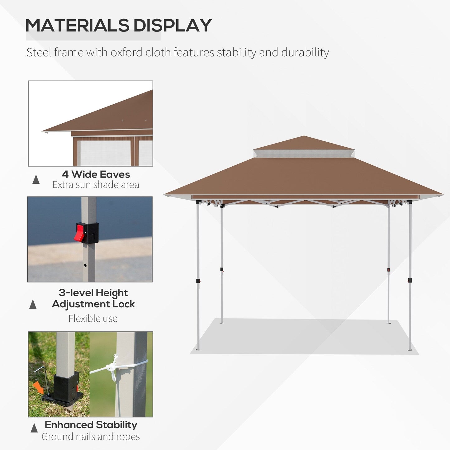 Outsunny Tente Pop-up Instant Canopy 3,6 m x 3,6 m, avec Pare-soleil, pliable, avec moustiquaire latérale en maille, hauteur réglable sur 3 niveaux