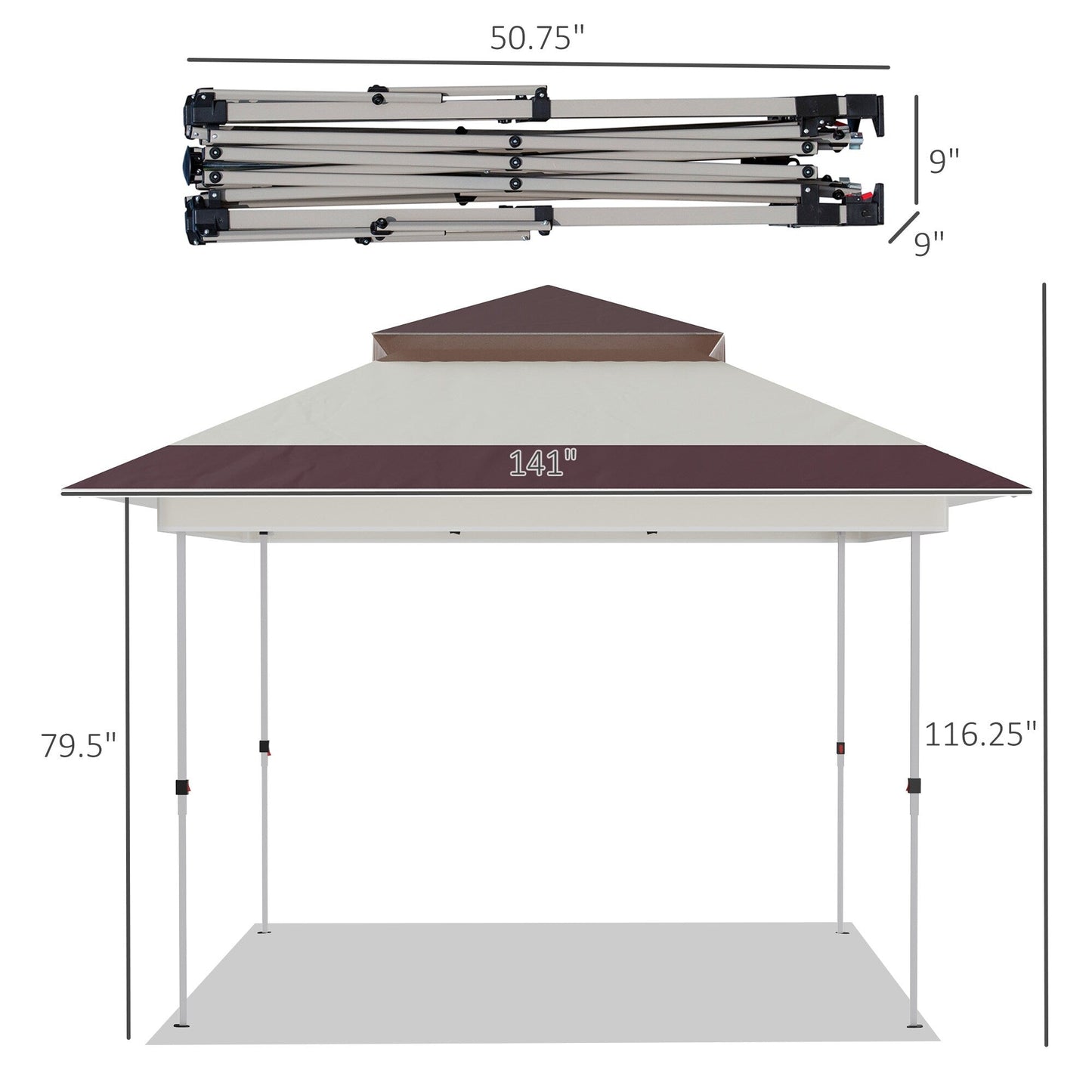 Outsunny Tente Pop-up Instant Canopy 3,6 m x 3,6 m, avec Pare-soleil, pliable, avec moustiquaire latérale en maille, hauteur réglable sur 3 niveaux