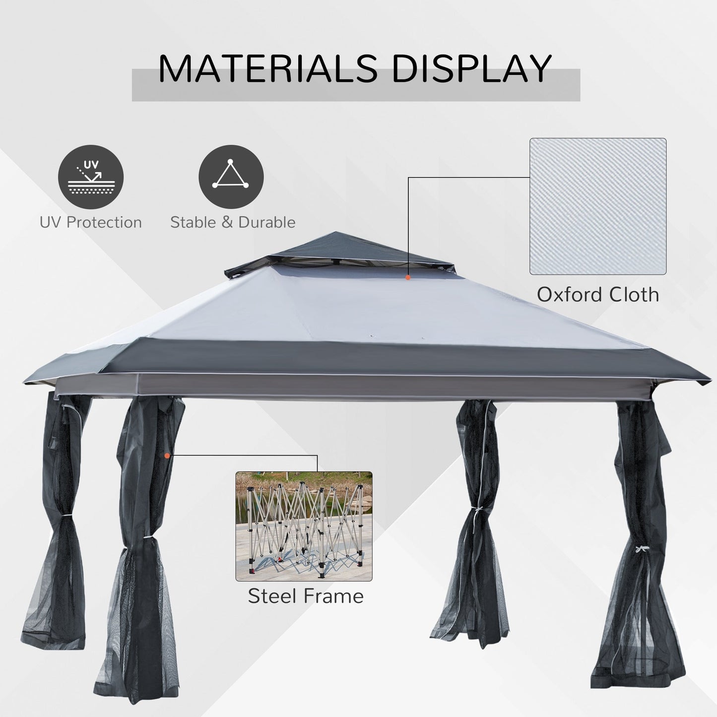 Outsunny Tente Pop-up Instant Canopy 3,6 m x 3,6 m, avec Pare-soleil, pliable, avec moustiquaire latérale en maille, hauteur réglable sur 3 niveaux