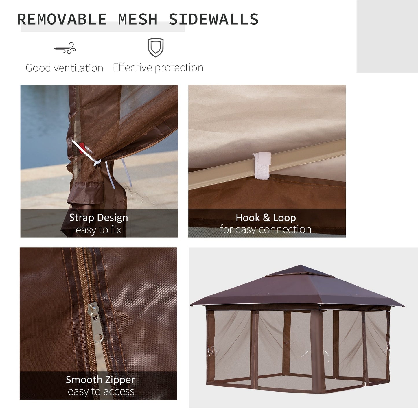 Outsunny Tente Pop-up Instant Canopy 3,6 m x 3,6 m, avec Pare-soleil, pliable, avec moustiquaire latérale en maille, hauteur réglable sur 3 niveaux