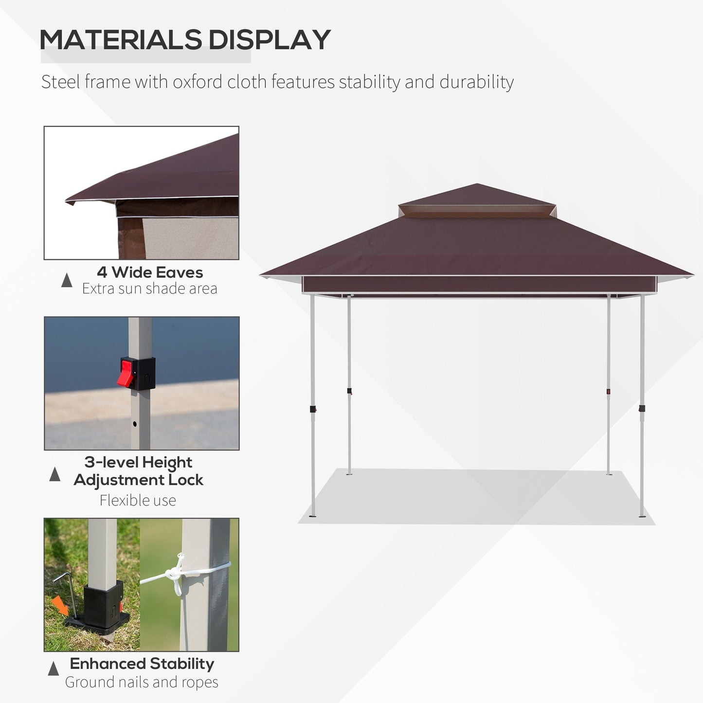Outsunny Tente Pop-up Instant Canopy 3,6 m x 3,6 m, avec Pare-soleil, pliable, avec moustiquaire latérale en maille, hauteur réglable sur 3 niveaux