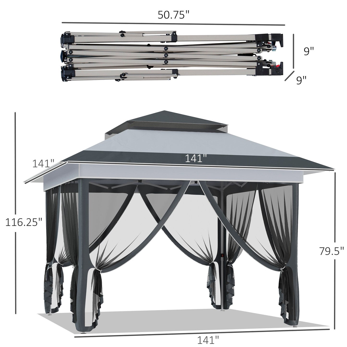Outsunny Tente Pop-up Instant Canopy 3,6 m x 3,6 m, avec Pare-soleil, pliable, avec moustiquaire latérale en maille, hauteur réglable sur 3 niveaux
