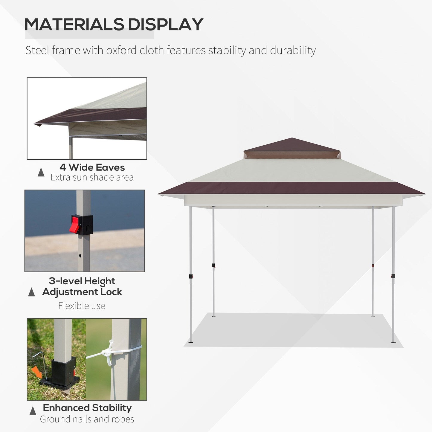Outsunny Tente Pop-up Instant Canopy 3,6 m x 3,6 m, avec Pare-soleil, pliable, avec moustiquaire latérale en maille, hauteur réglable sur 3 niveaux
