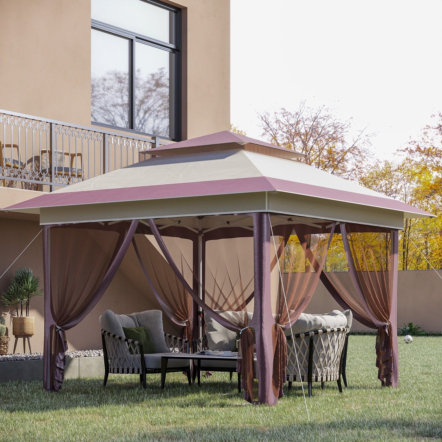 Outsunny Tente Pop-up Instant Canopy 3,6 m x 3,6 m, avec Pare-soleil, pliable, avec moustiquaire latérale en maille, hauteur réglable sur 3 niveaux
