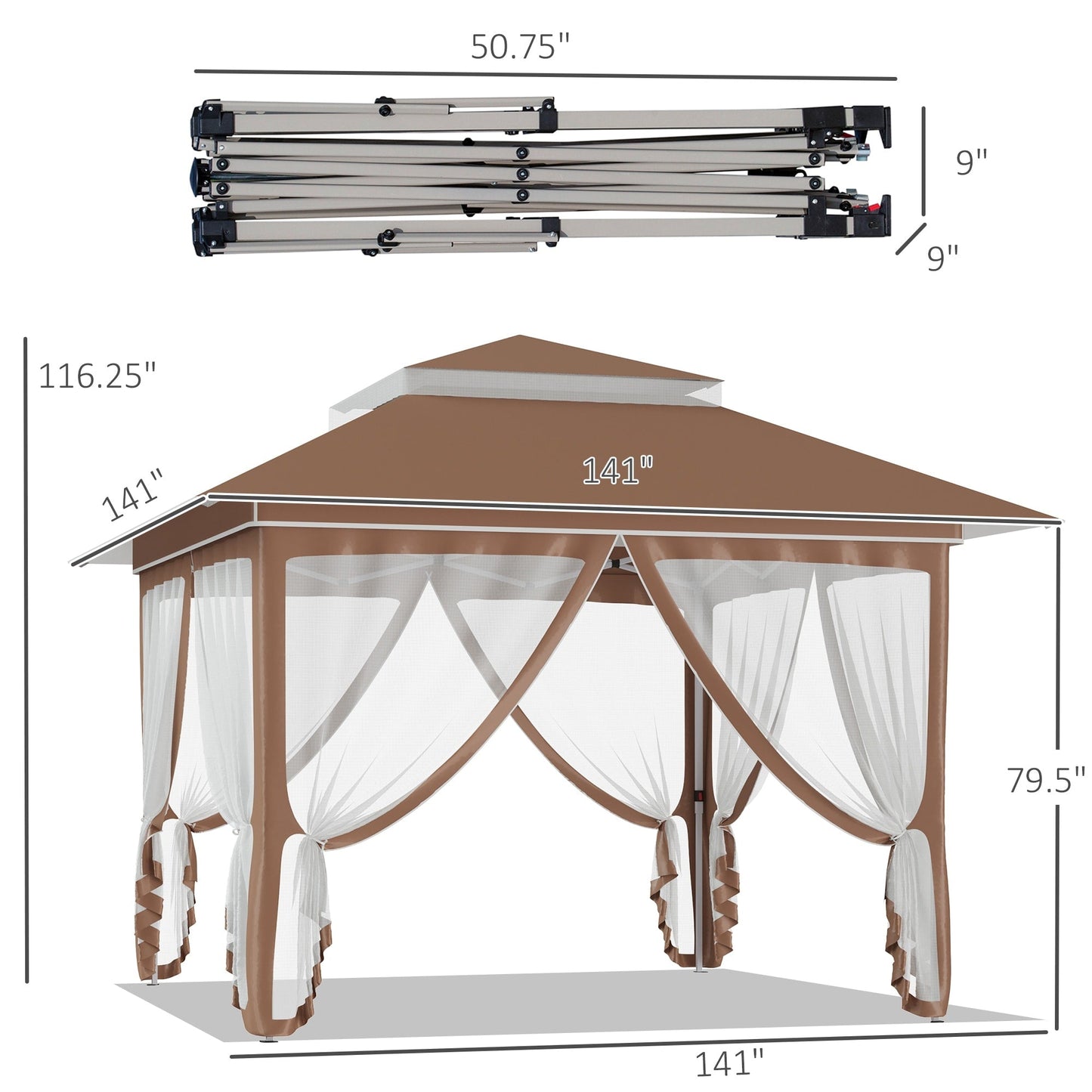 Outsunny Tente Pop-up Instant Canopy 3,6 m x 3,6 m, avec Pare-soleil, pliable, avec moustiquaire latérale en maille, hauteur réglable sur 3 niveaux