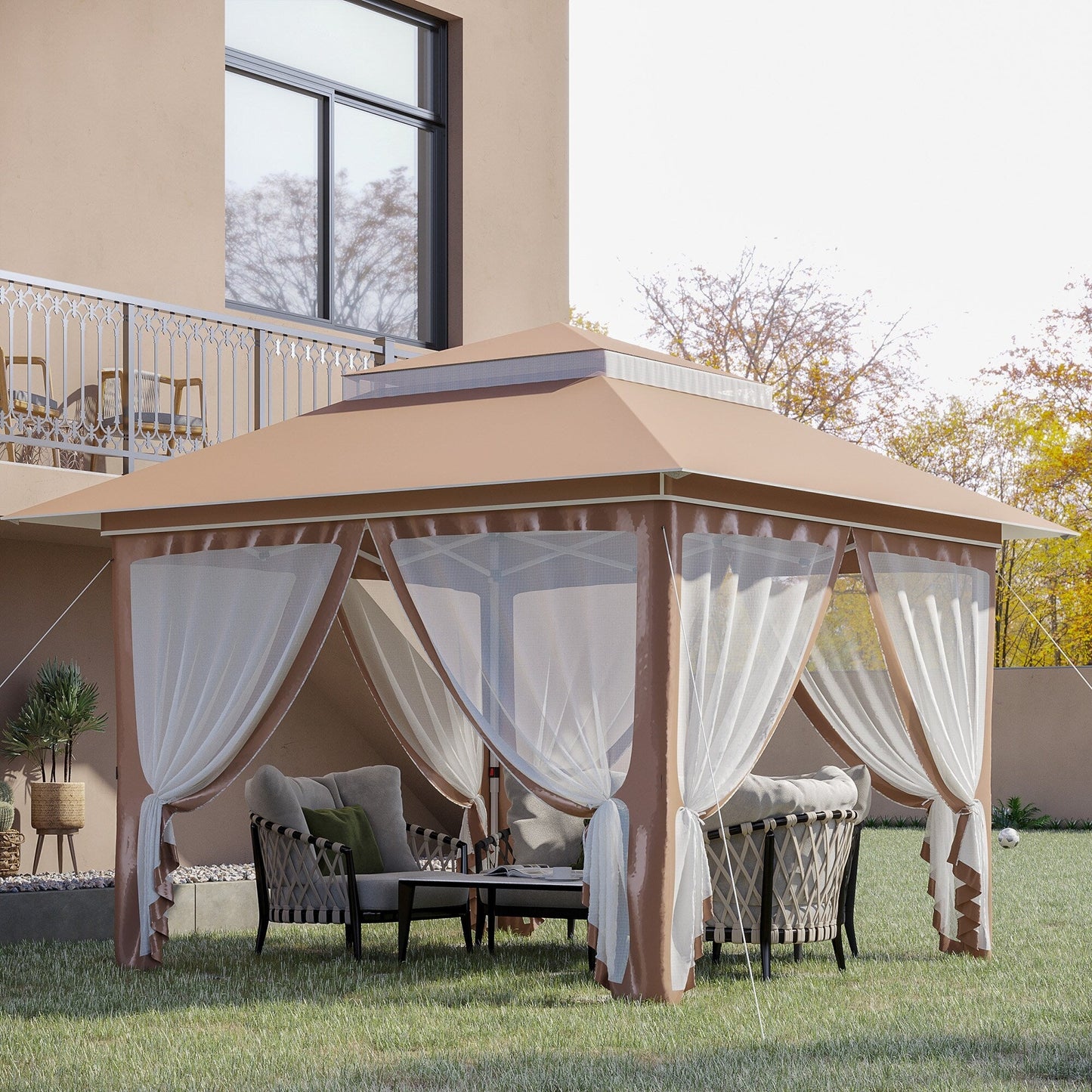 Outsunny Tente Pop-up Instant Canopy 3,6 m x 3,6 m, avec Pare-soleil, pliable, avec moustiquaire latérale en maille, hauteur réglable sur 3 niveaux