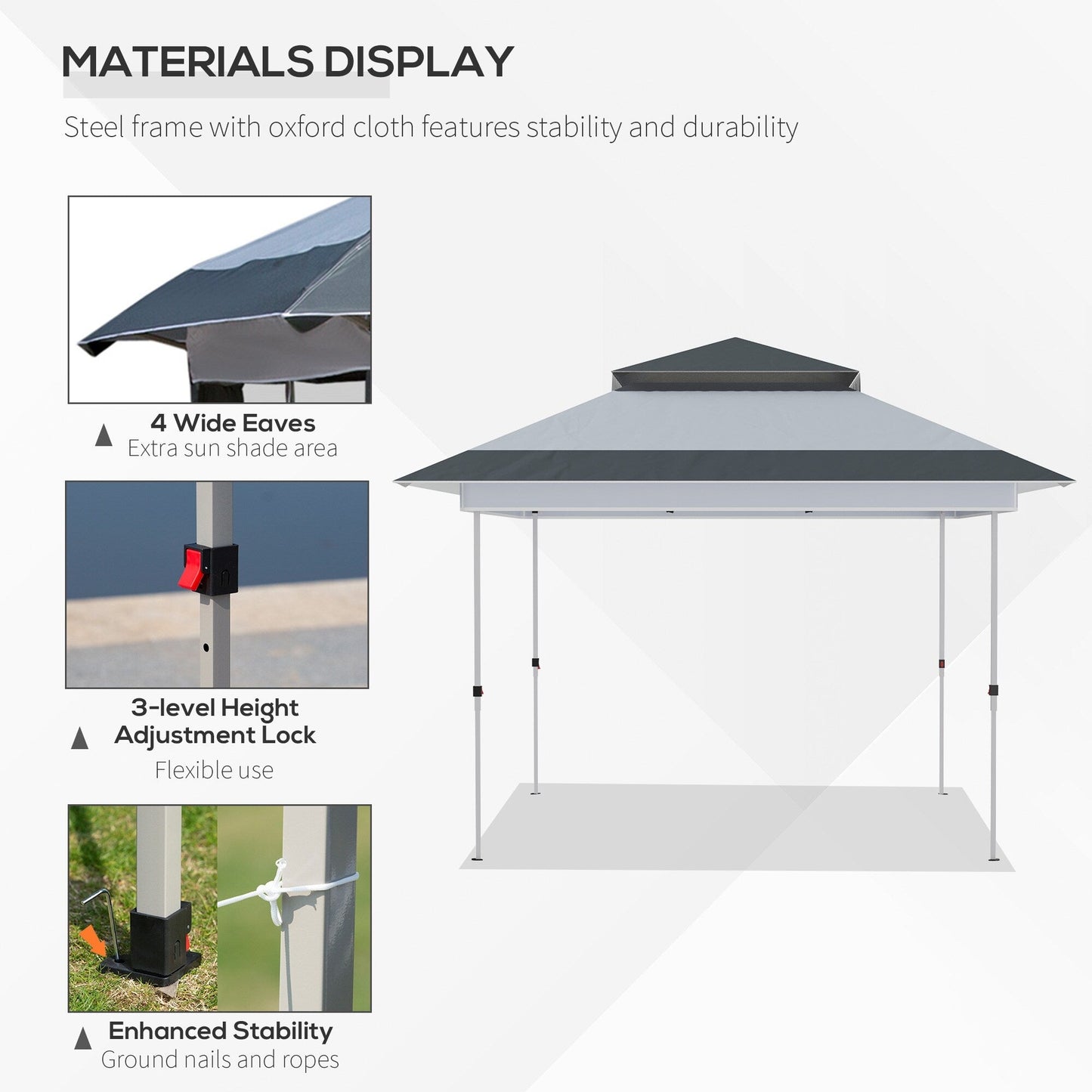 Outsunny Tente Pop-up Instant Canopy 3,6 m x 3,6 m, avec Pare-soleil, pliable, avec moustiquaire latérale en maille, hauteur réglable sur 3 niveaux