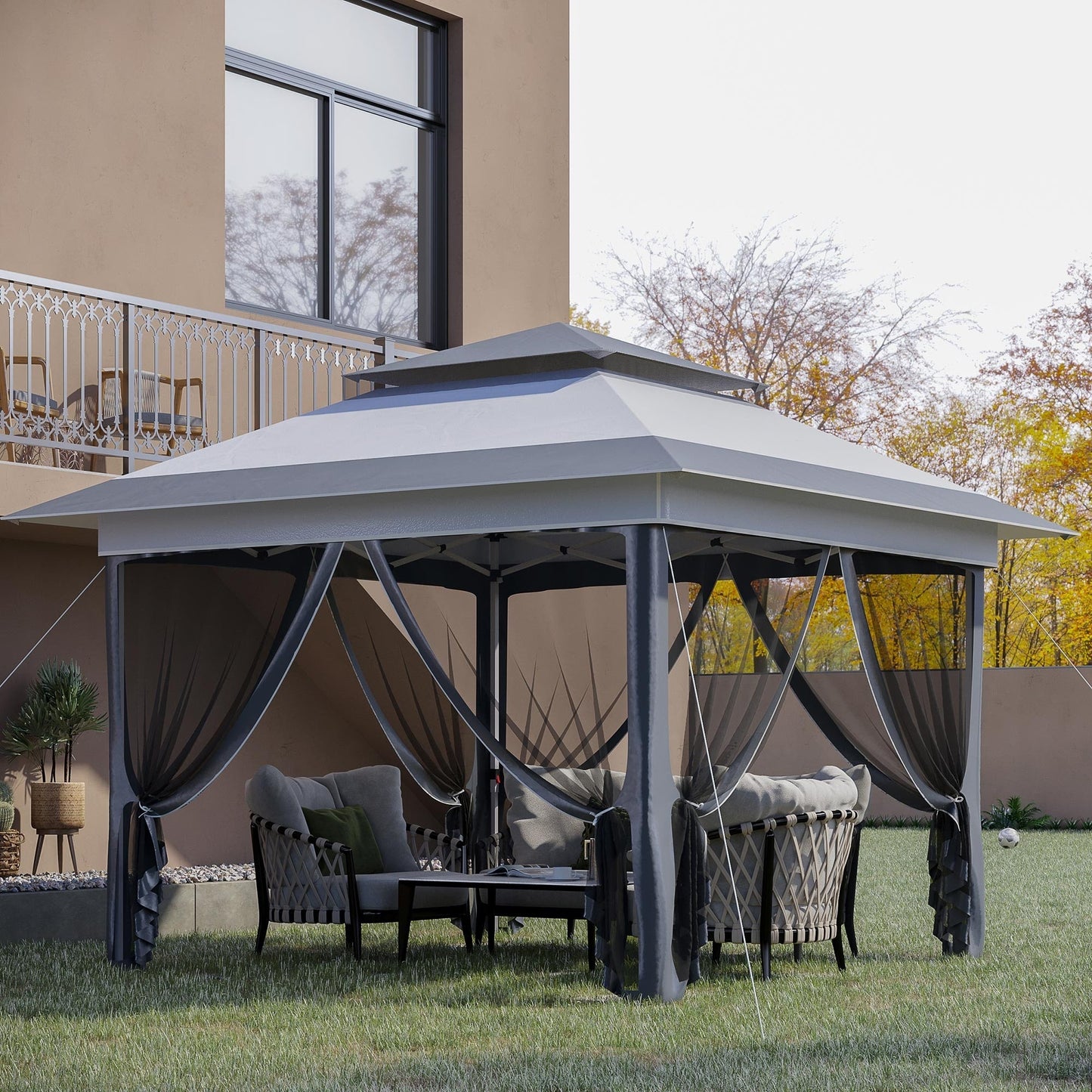 Outsunny Tente Pop-up Instant Canopy 3,6 m x 3,6 m, avec Pare-soleil, pliable, avec moustiquaire latérale en maille, hauteur réglable sur 3 niveaux