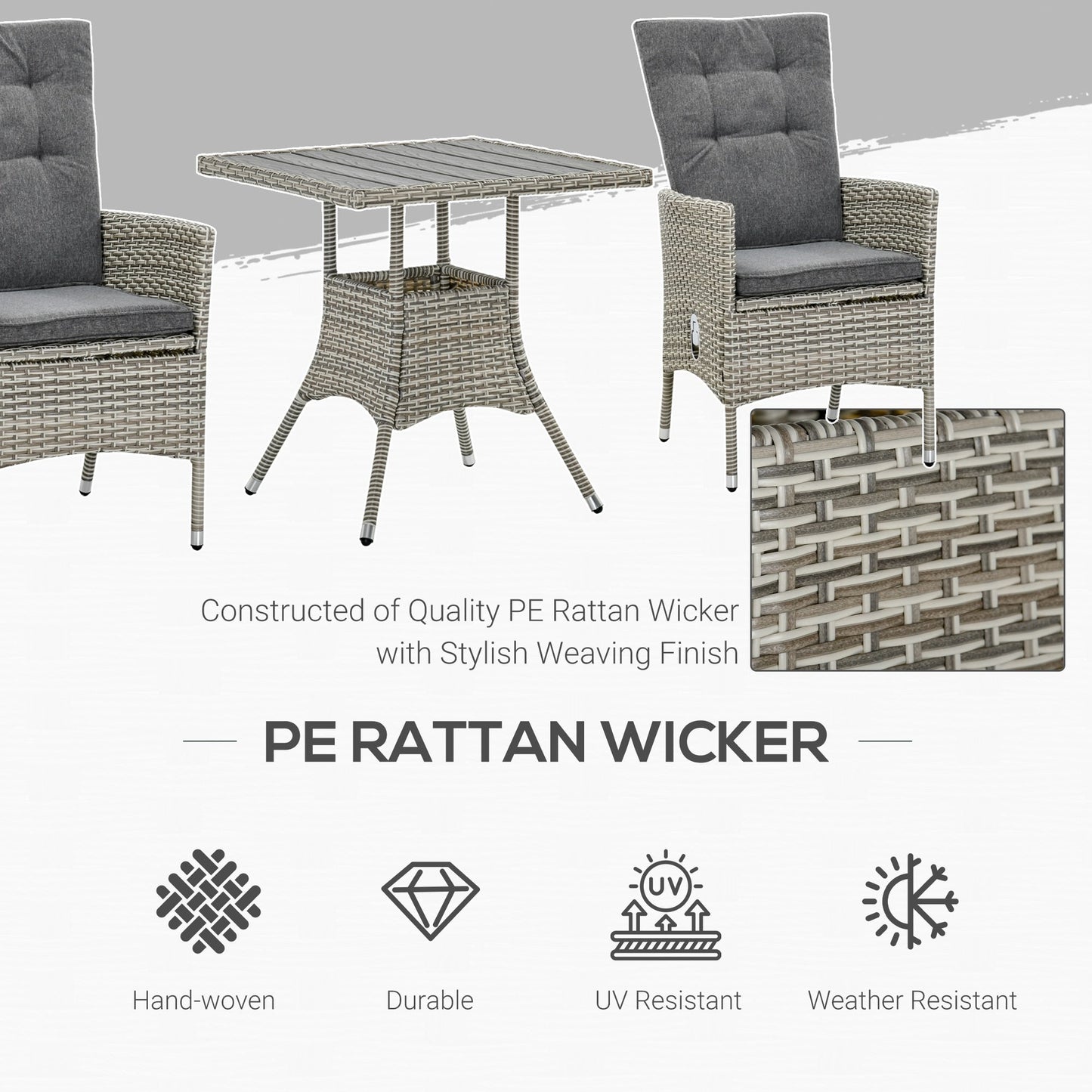 Outsunny Ensemble de salon de jardin 3 pièces en rotin PE, chaises inclinables d'extérieur avec table basse en plastique imitation bois