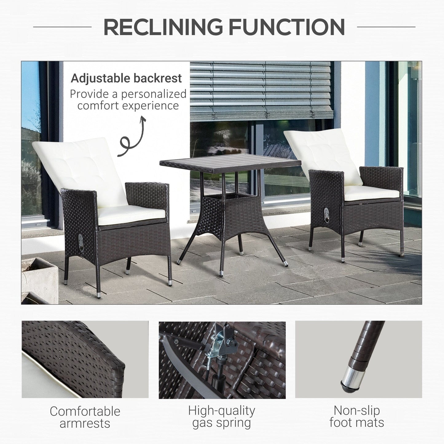 Outsunny Ensemble de salon de jardin 3 pièces en rotin PE, chaises inclinables d'extérieur avec table basse en plastique imitation bois