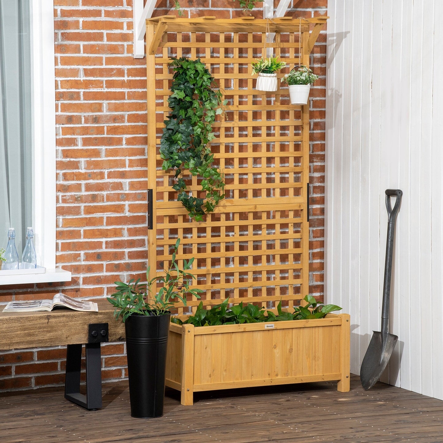 Outsunny Planter en Bois avec Treillis, Bac de Jardin surélevé pour Plantes grimpantes avec Trou de Drainage et Toit