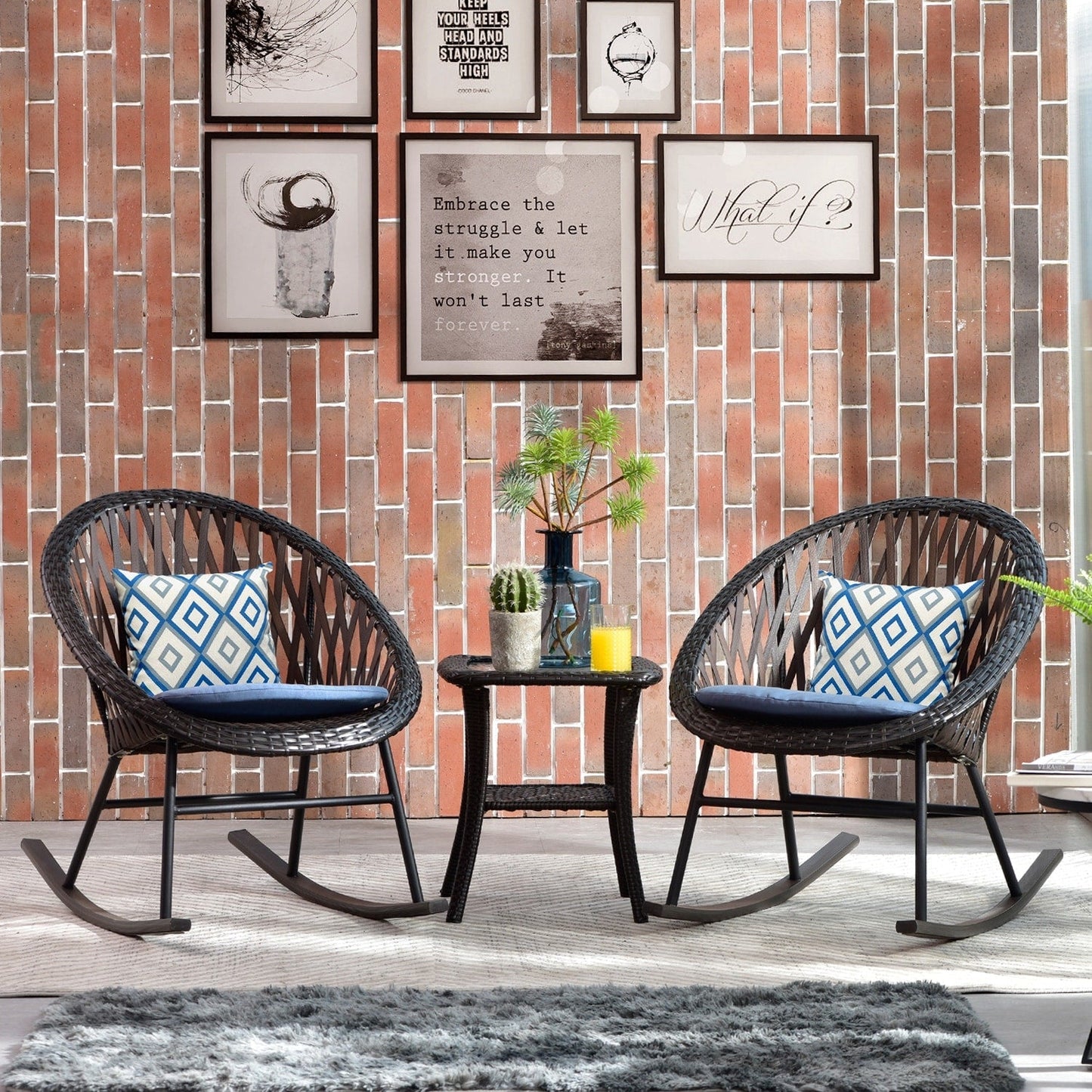 OVIOS 3-piece Patio Rocking Chair Bistro Set with Glass Coffee Table