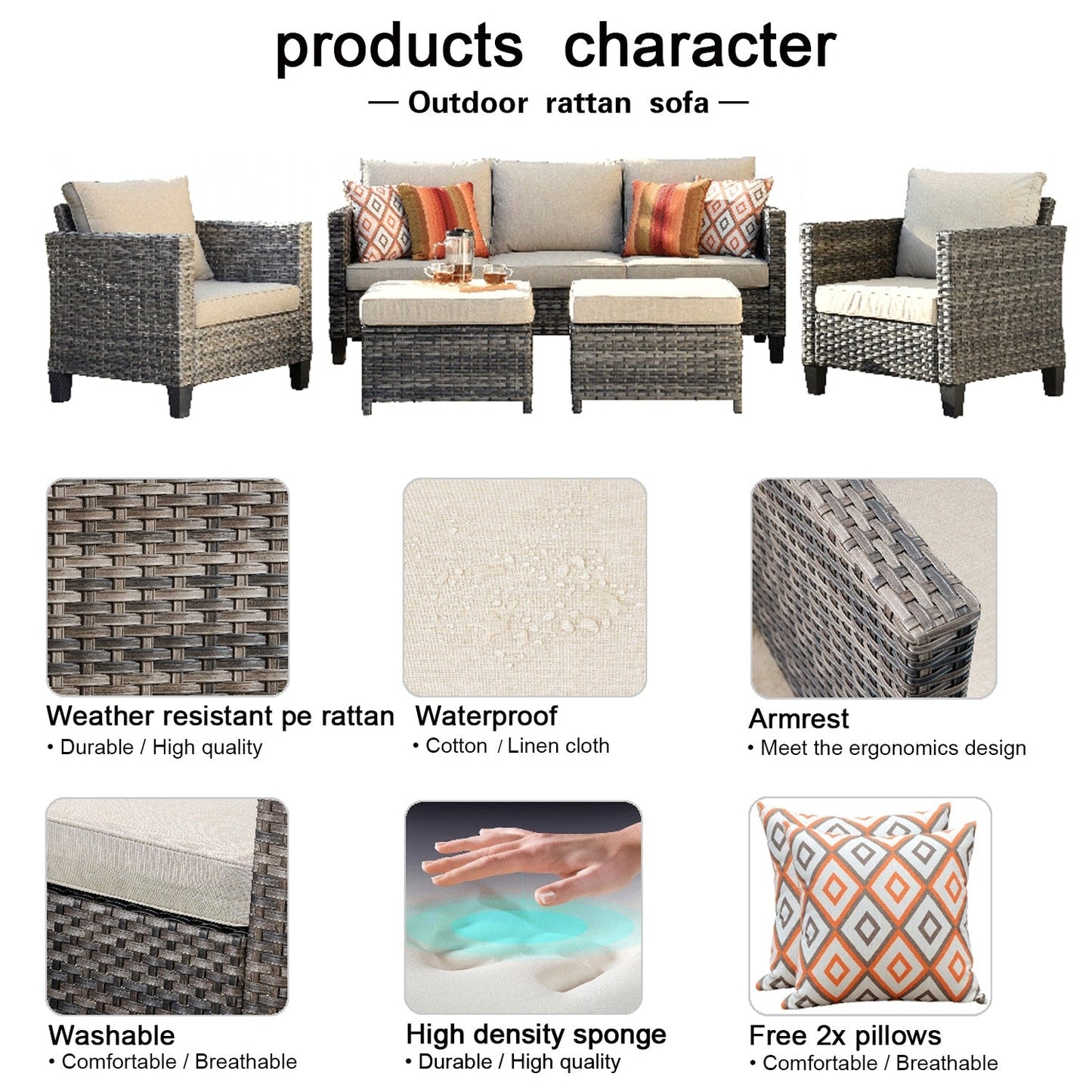 OVIOS Ensemble de meubles de jardin en rotin pour extérieur, 5 pièces, avec dossier haut.