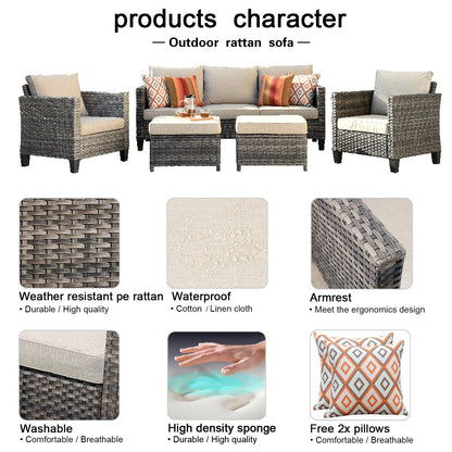 OVIOS Ensemble de meubles de jardin en rotin pour extérieur, 5 pièces, avec dossier haut.