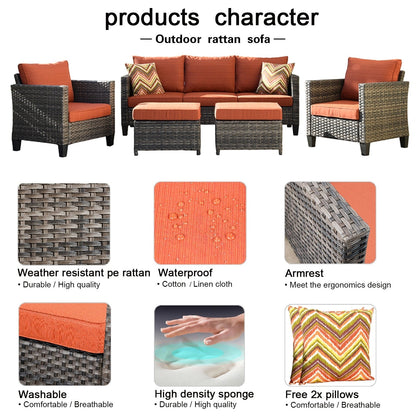 OVIOS Ensemble de meubles de jardin en rotin pour extérieur, 5 pièces, avec dossier haut.