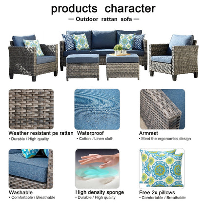 OVIOS Ensemble de meubles de jardin en rotin pour extérieur, 5 pièces, avec dossier haut.