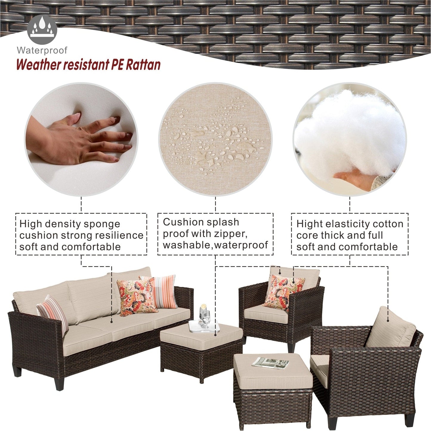 OVIOS Ensemble de meubles de jardin en rotin pour extérieur, 5 pièces, avec dossier haut.