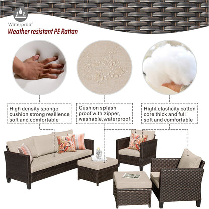 OVIOS Ensemble de meubles de jardin en rotin pour extérieur, 5 pièces, avec dossier haut.