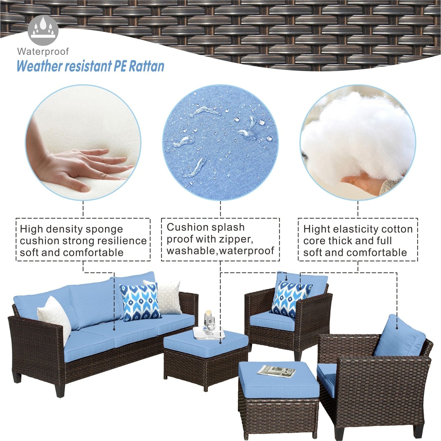 OVIOS Ensemble de meubles de jardin en rotin pour extérieur, 5 pièces, avec dossier haut.