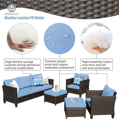 OVIOS Ensemble de meubles de jardin en rotin pour extérieur, 5 pièces, avec dossier haut.