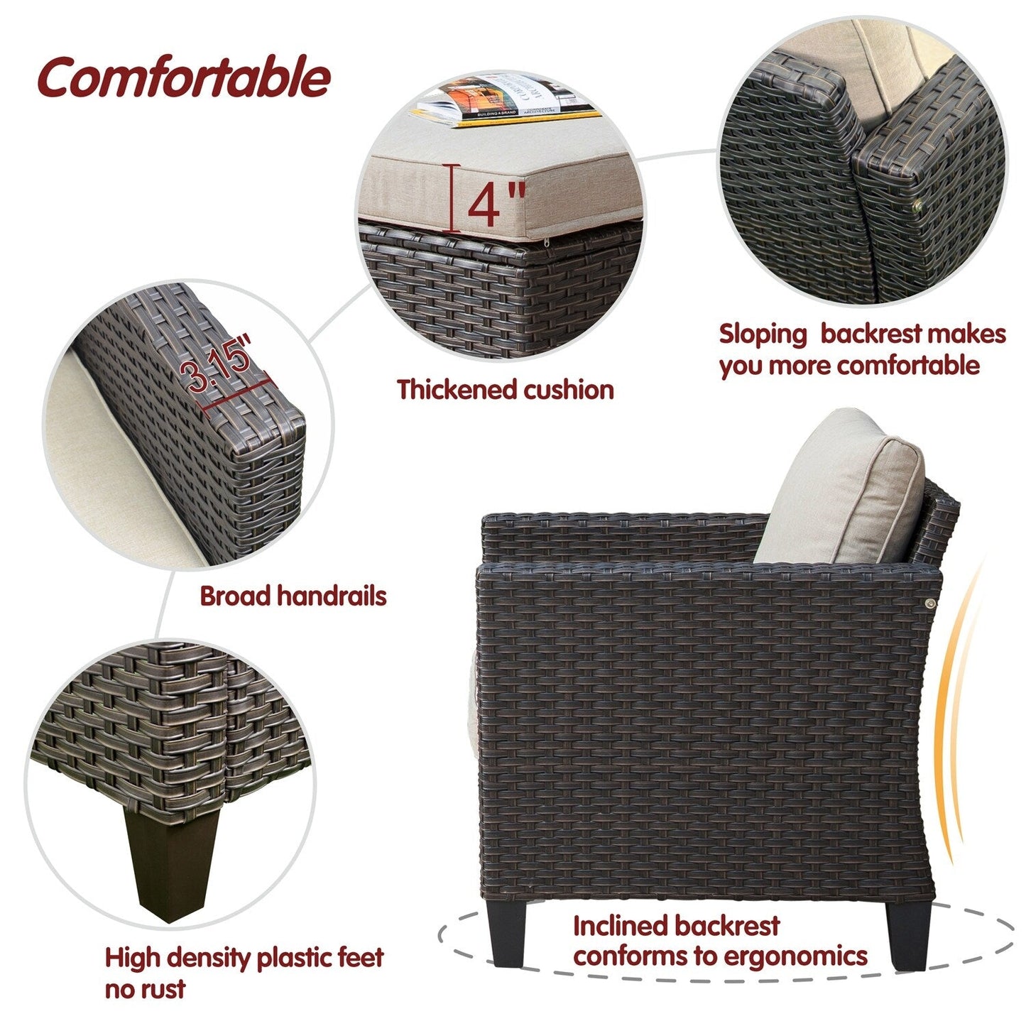 OVIOS Ensemble de meubles de jardin en rotin pour extérieur, 5 pièces, avec dossier haut.