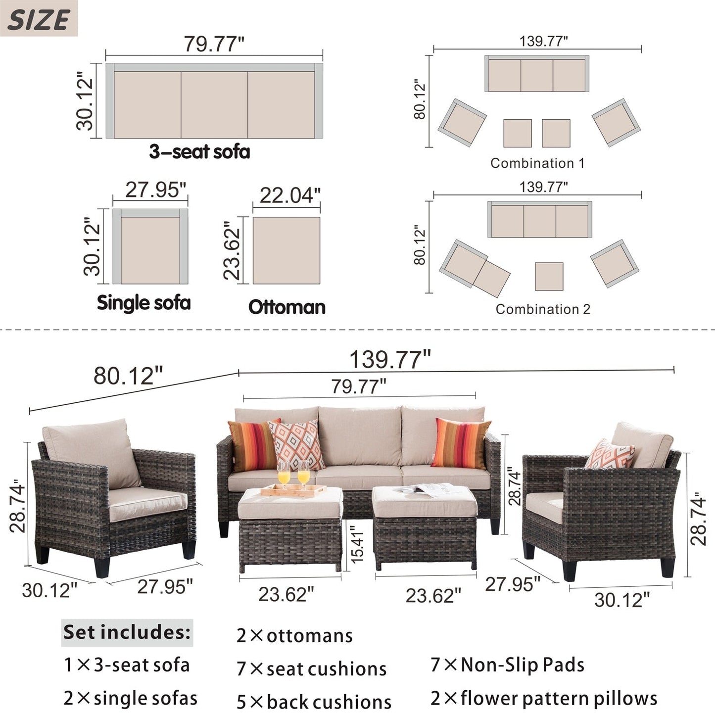 OVIOS Ensemble de meubles de jardin en rotin pour extérieur, 5 pièces, avec dossier haut.