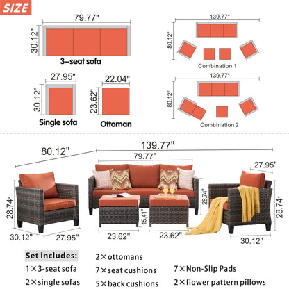 OVIOS Ensemble de meubles de jardin en rotin pour extérieur, 5 pièces, avec dossier haut.