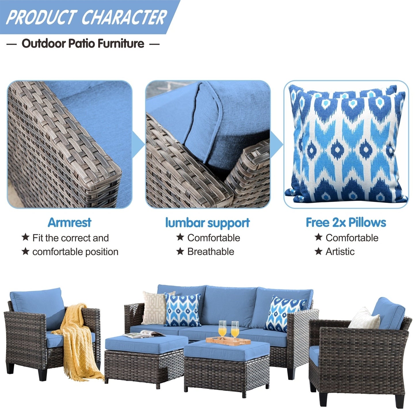 OVIOS Ensemble de meubles de jardin en rotin pour extérieur, 5 pièces, avec dossier haut.