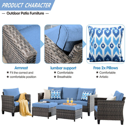 OVIOS Ensemble de meubles de jardin en rotin pour extérieur, 5 pièces, avec dossier haut.