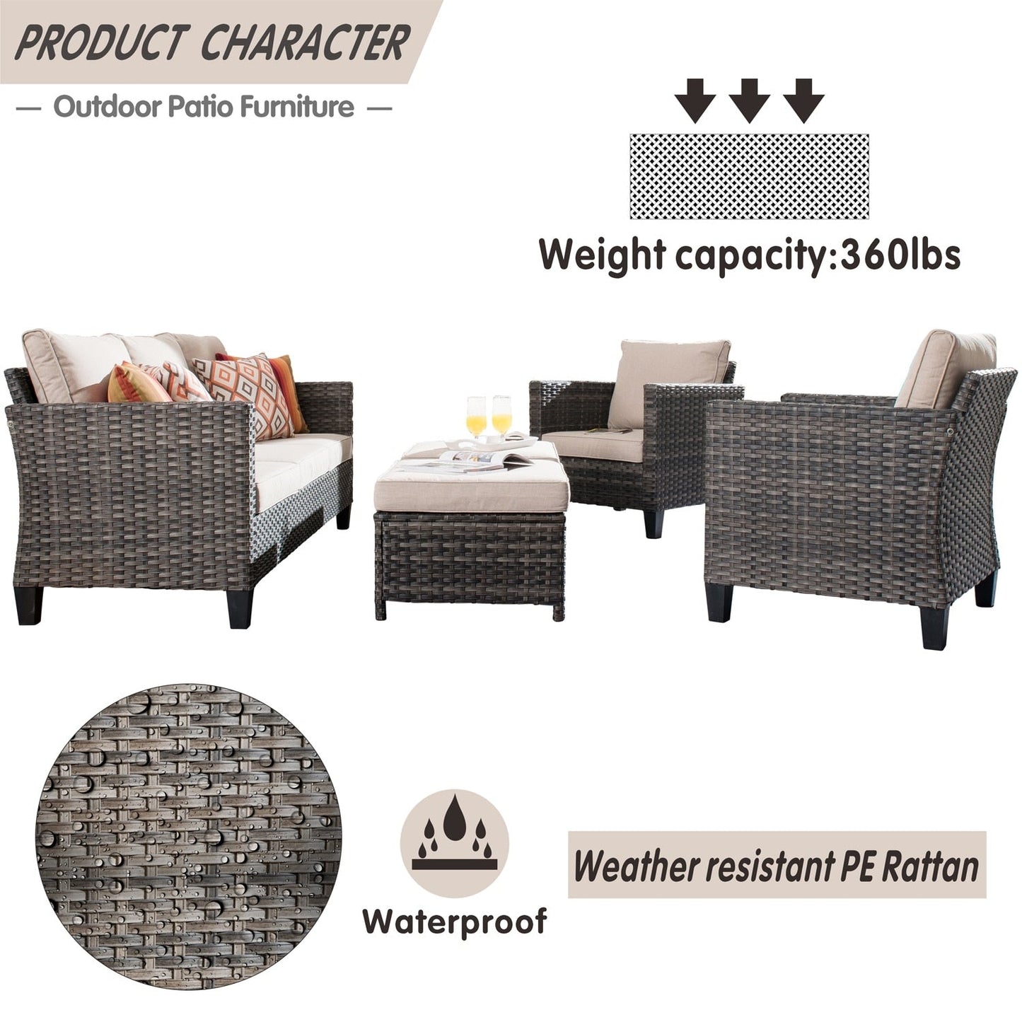 OVIOS Ensemble de meubles de jardin en rotin pour extérieur, 5 pièces, avec dossier haut.