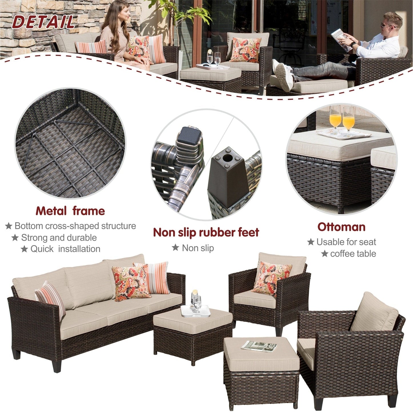 OVIOS Ensemble de meubles de jardin en rotin pour extérieur, 5 pièces, avec dossier haut.