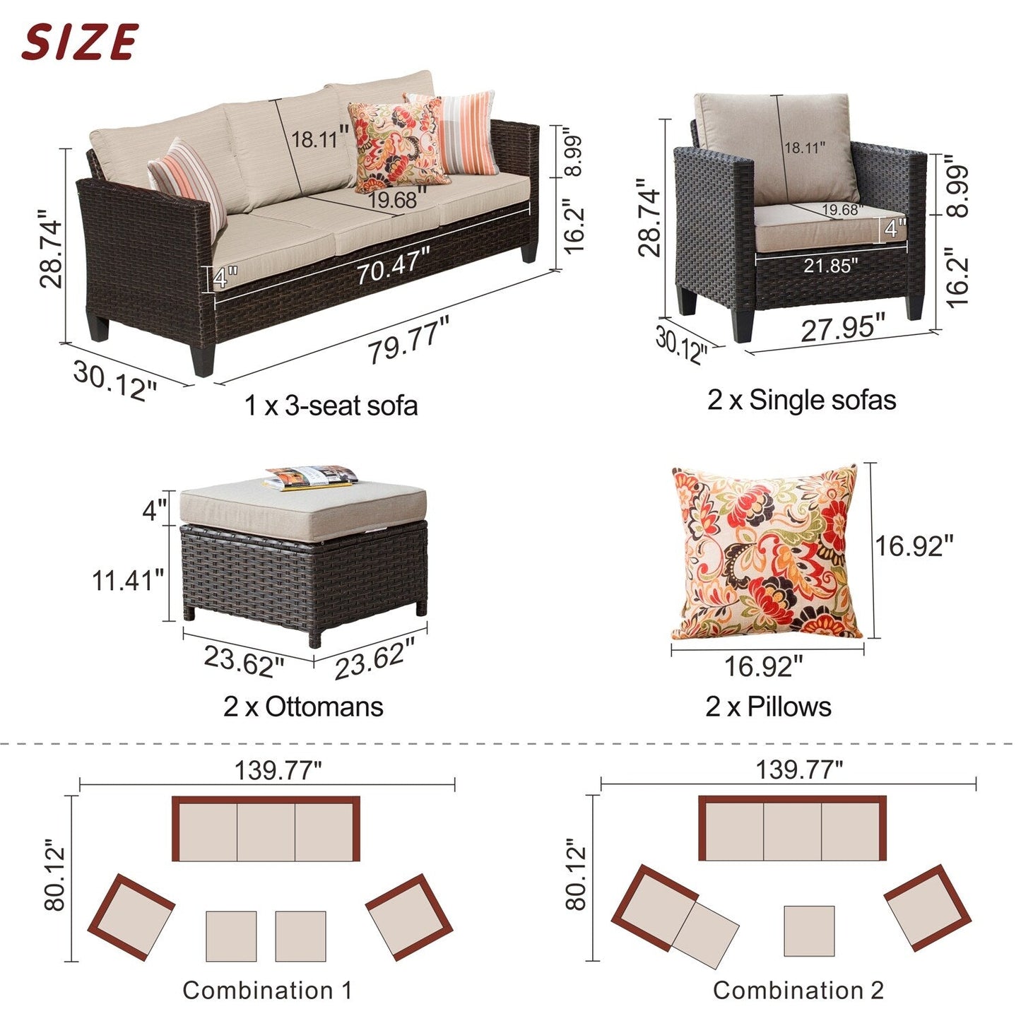 OVIOS Ensemble de meubles de jardin en rotin pour extérieur, 5 pièces, avec dossier haut.