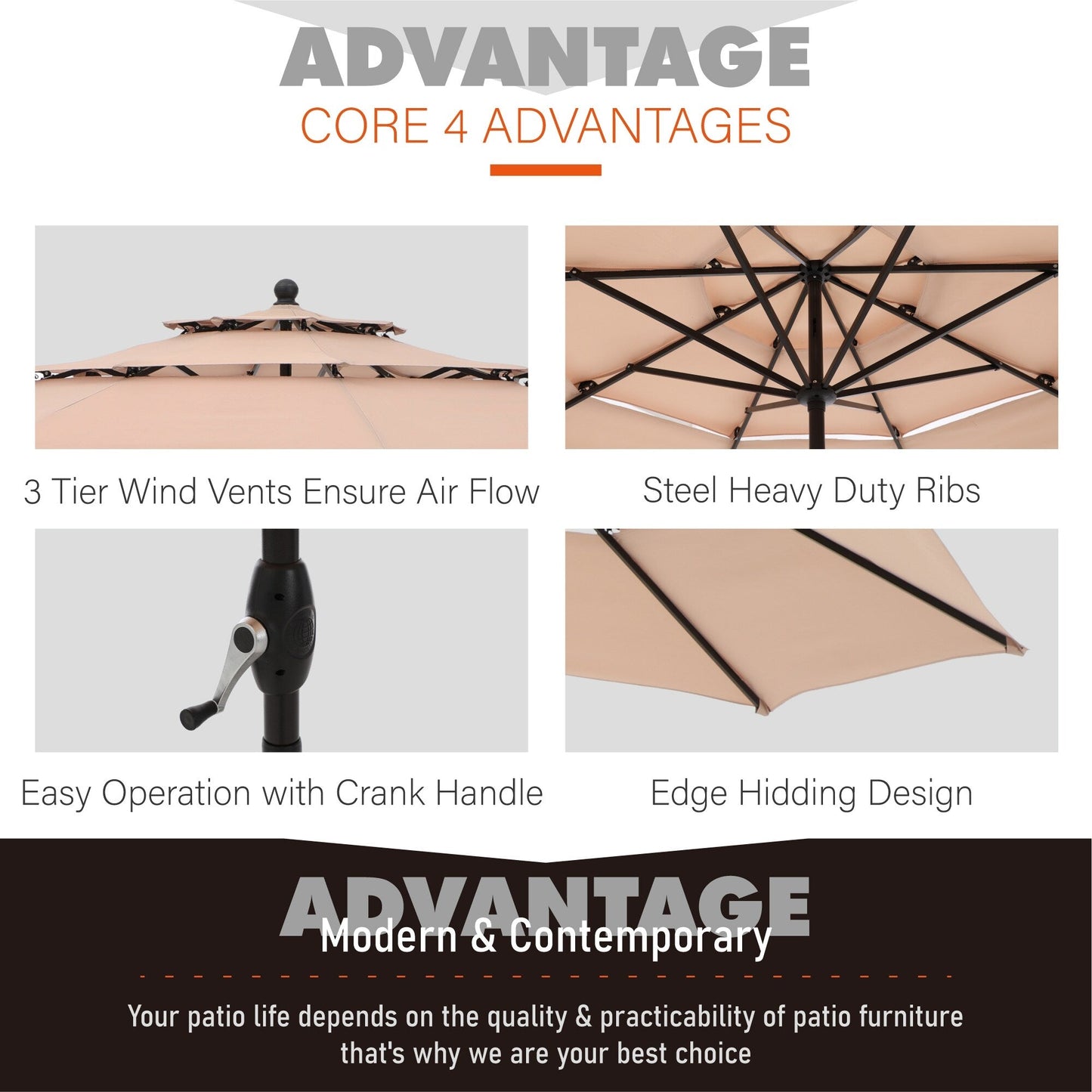 MAISON ARTS 10ft 3 Tiers Patio Outdoor Umbrella Matched with most Patio Table with Ventilation Auto-tilt and Crank Lift