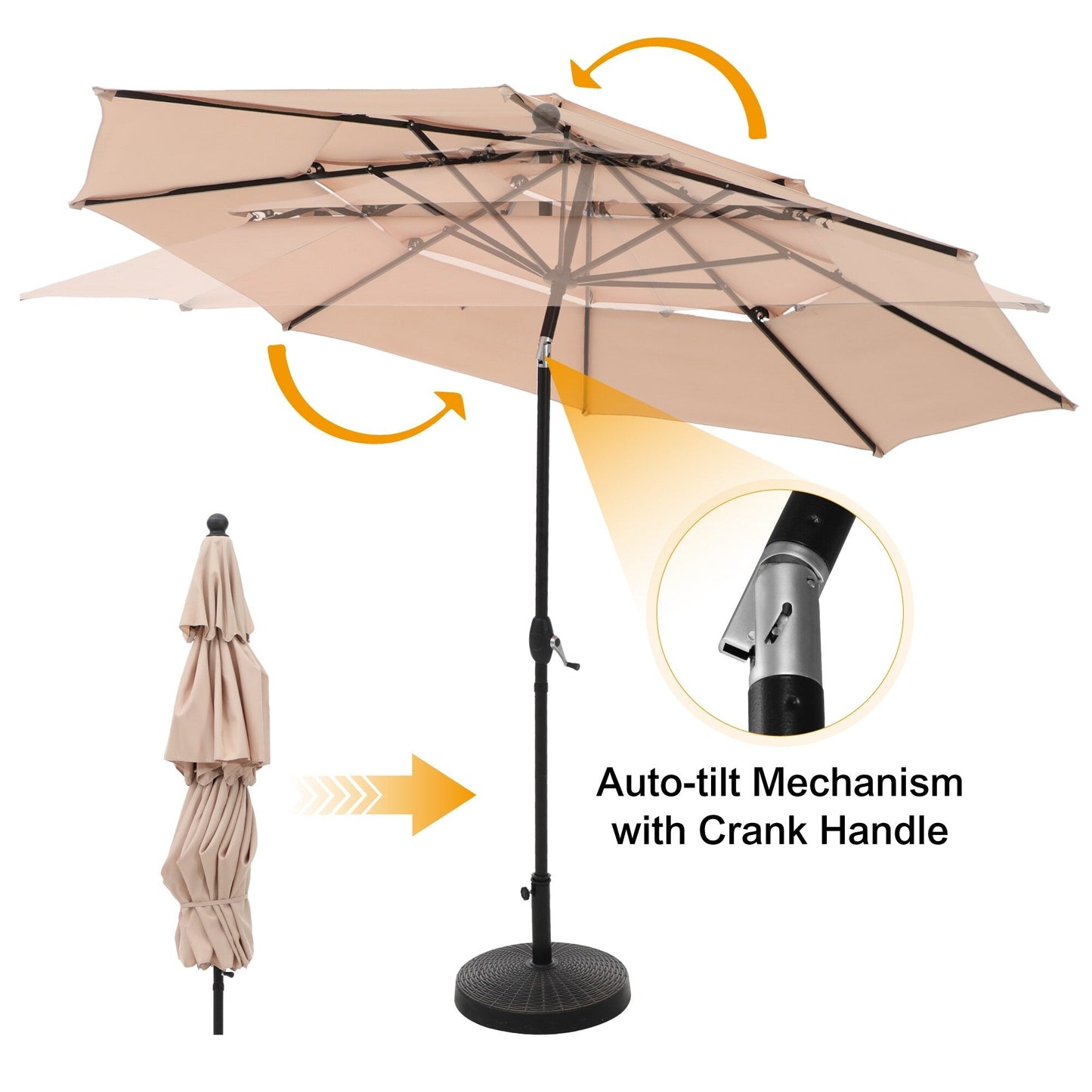 MAISON ARTS 10ft 3 Tiers Patio Outdoor Umbrella Matched with most Patio Table with Ventilation Auto-tilt and Crank Lift