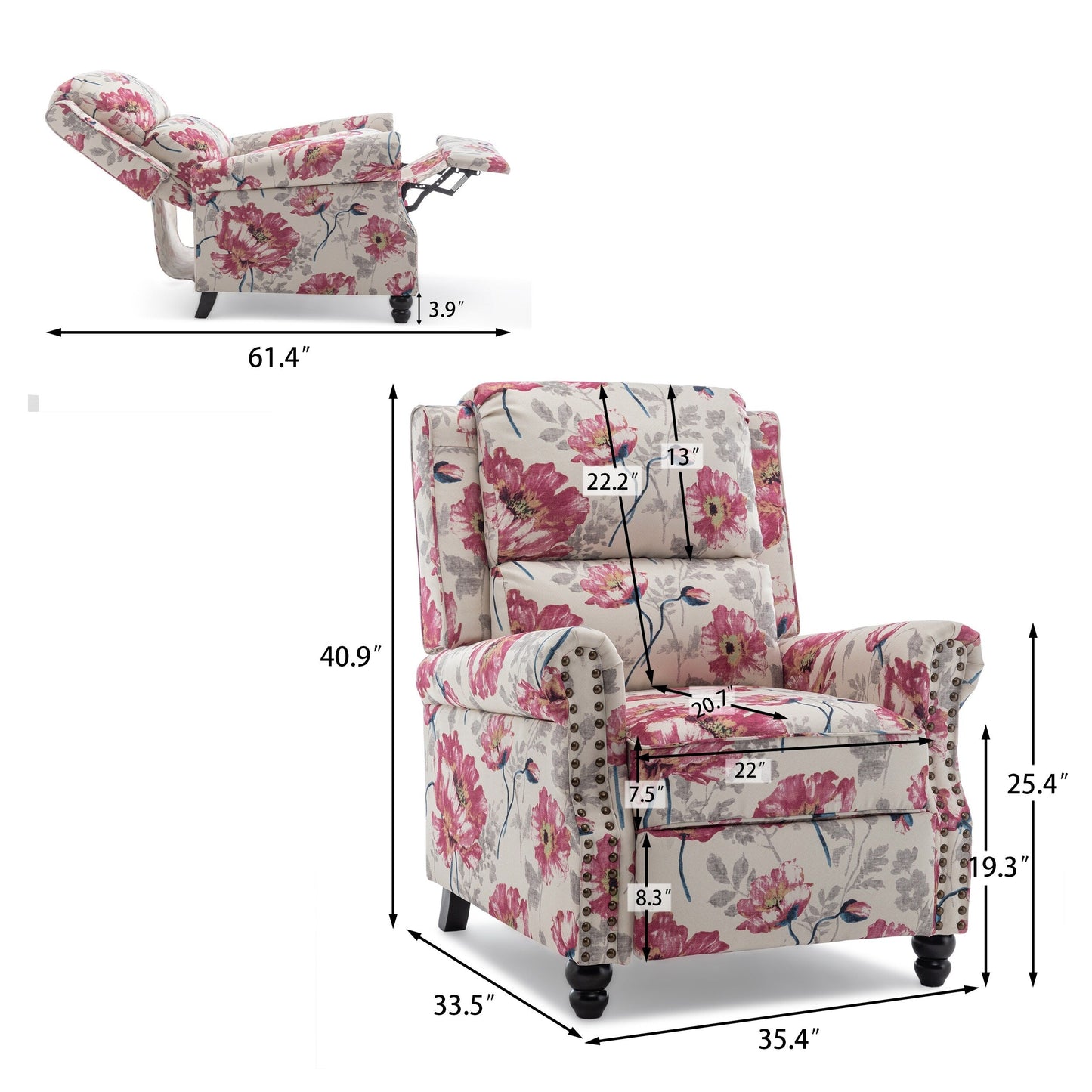 Fauteuils inclinables à commande manuelle avec garniture à clous cloutés