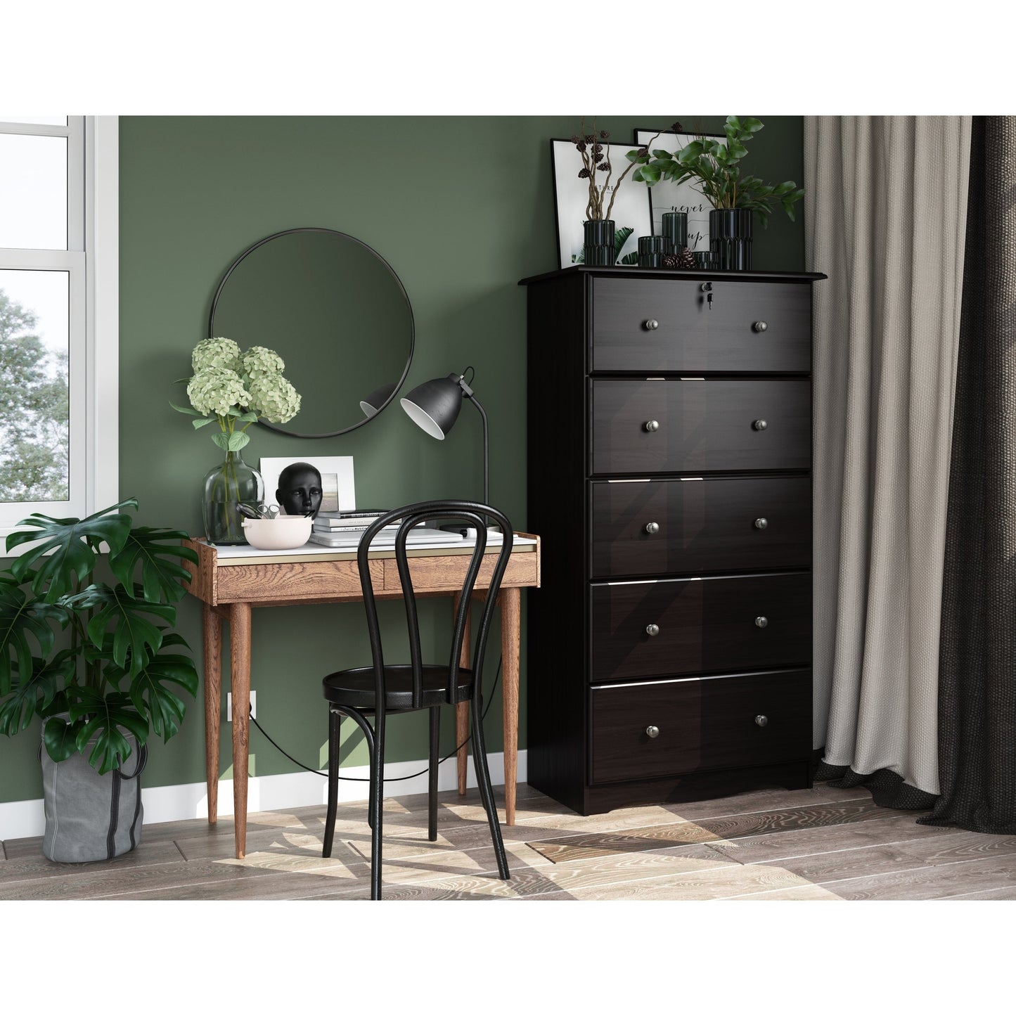 Palace Imports Coffre à 5 grands tiroirs en bois massif 100 %, avec serrure et poignées en métal ou en bois