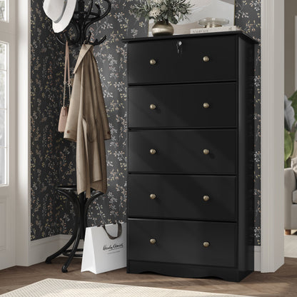 Palace Imports Coffre à 5 grands tiroirs en bois massif 100 %, avec serrure et poignées en métal ou en bois