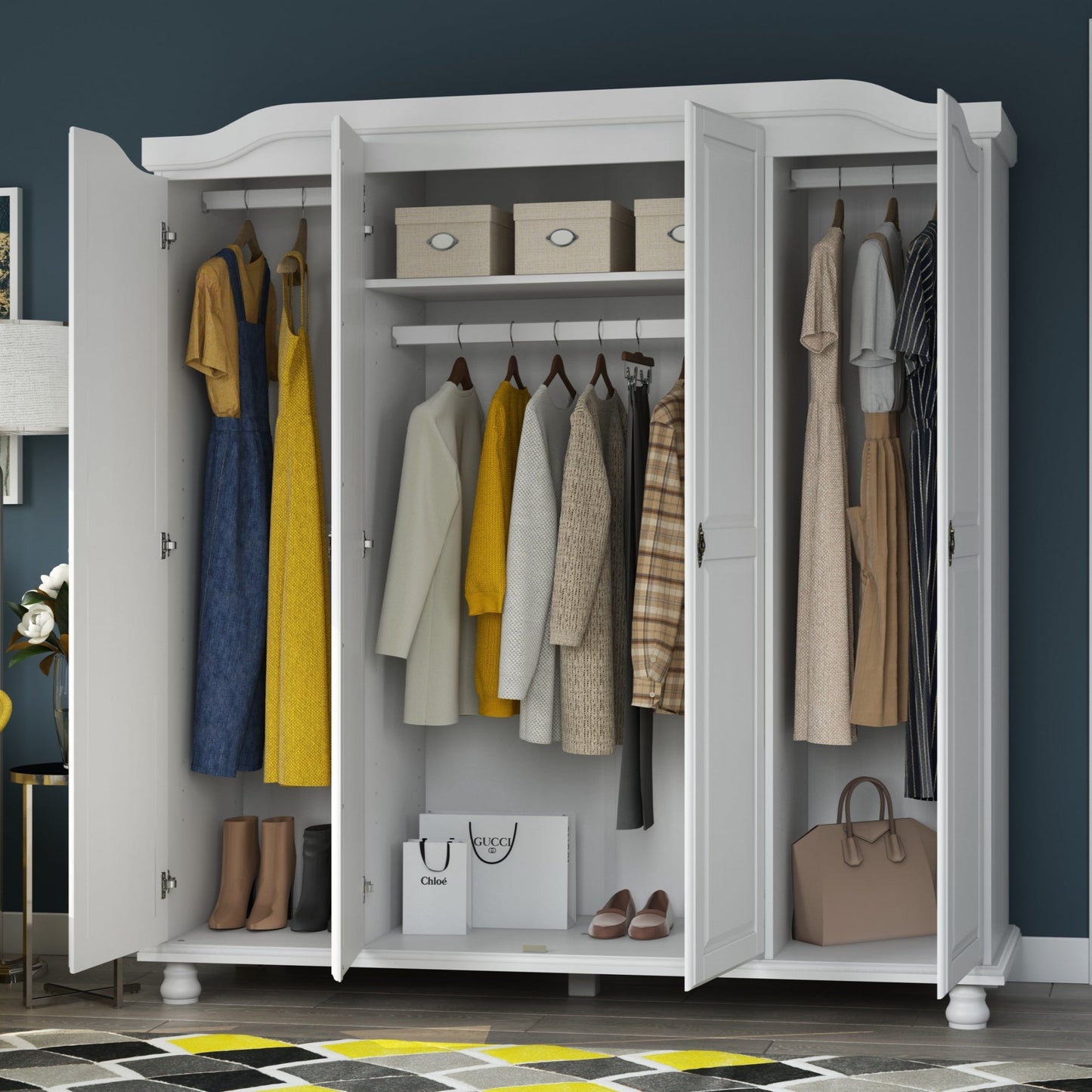 Palace Imports Armoire Kyle à 4 portes en bois massif avec portes en bois massif ou en miroir